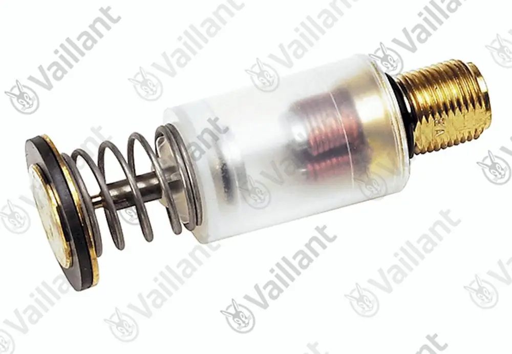 Vaillant Haltemagnet mit transparentem Gehäuse, Feder und metallischem Anschluss. Das Produkt besitzt eine zylindrische Form und wird in Heizsystemen eingesetzt.